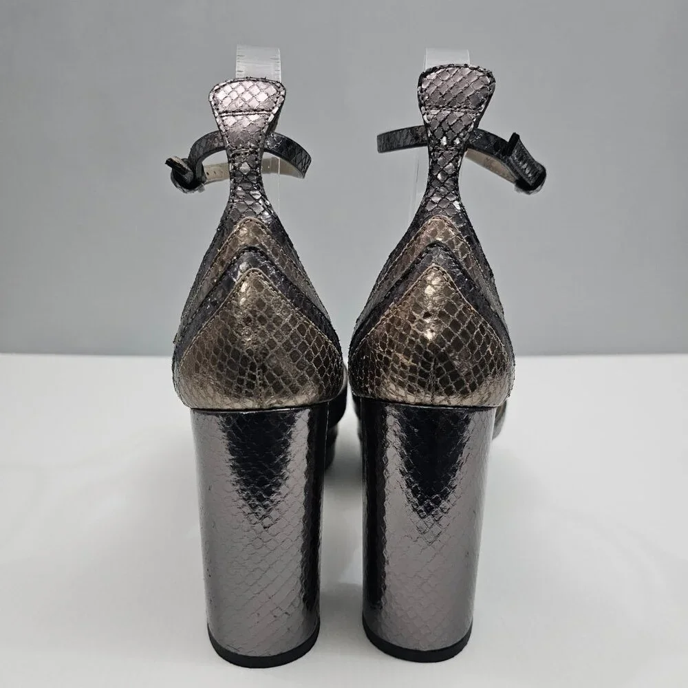 AllSaints Tia Platform Heel Sandal Womens 10 Metallic Bronze Gold Gray Embossed - Picture 11 of 16